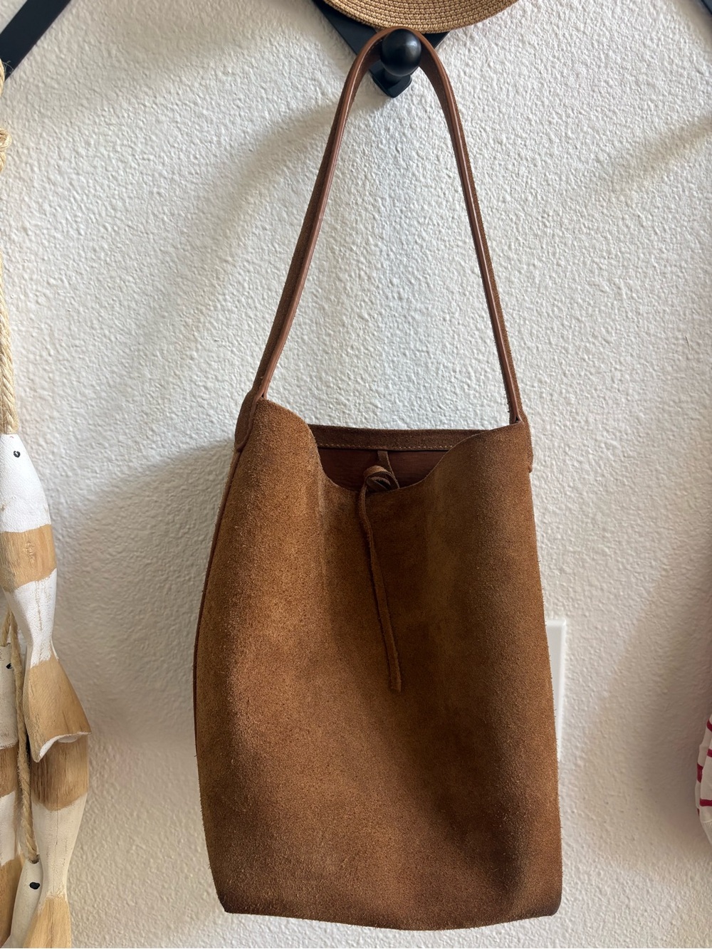 Suede Bucket Shoulder Bag in Brown